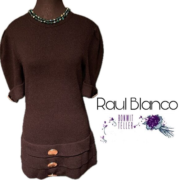 Vtg 80s Raul Blanco Bonwit Teller Hand Loomed Gold Button Blk Sweater Dress Sz 6 - Picture 5 of 13